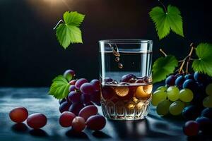 a glass of wine with grapes and leaves. AI-Generated photo