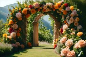 un Boda arco hecho de flores en el jardín. generado por ai foto