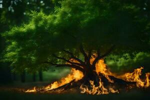 a tree with flames coming out of it in the middle of a forest. AI-Generated photo