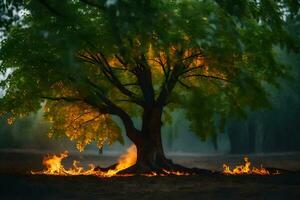 a tree with flames coming out of it in the middle of the forest. AI-Generated photo