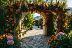 a walkway with flowers and archway. AI-Generated photo