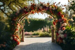 an archway with flowers and greenery. AI-Generated photo