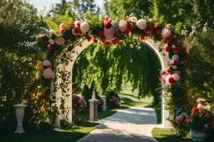 a beautiful archway decorated with flowers and greenery. AI-Generated photo