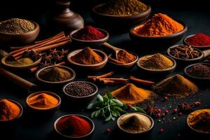 various spices and herbs in bowls on a black background. AI-Generated photo