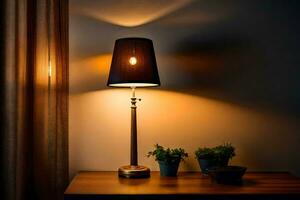 a table lamp on a wooden table in front of a window. AI-Generated photo