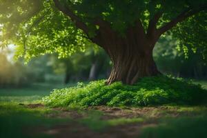 a tree in the middle of a field with sunlight shining through it. AI-Generated photo