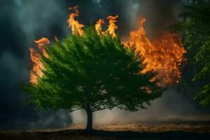 a tree is burning in the middle of a field. AI-Generated photo