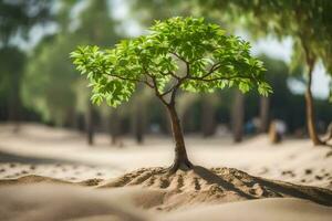 a small tree is growing in the sand. AI-Generated photo