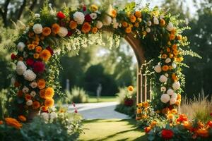 un arco decorado con flores en el jardín. generado por ai foto