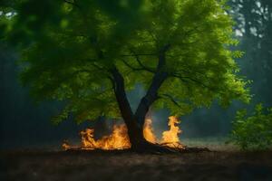 a tree with flames coming out of it in the middle of a field. AI-Generated photo