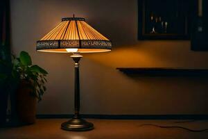 un lámpara con un sombra en eso en un oscuro habitación. generado por ai foto