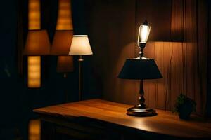 a table lamp is on a wooden table. AI-Generated photo