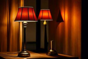 two lamps on a table in front of a curtain. AI-Generated photo