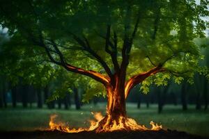 a tree with flames coming out of it. AI-Generated photo