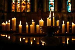 candles in a church with stained glass windows. AI-Generated photo