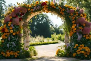 a flower archway is decorated with flowers. AI-Generated photo