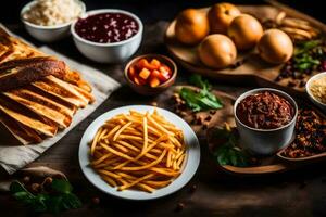 a variety of food on a wooden table. AI-Generated photo