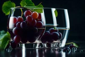 dos lentes con uvas y agua en un negro antecedentes. generado por ai foto