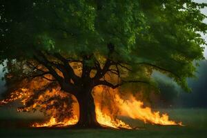 a tree with flames coming out of it in the middle of a field. AI-Generated photo