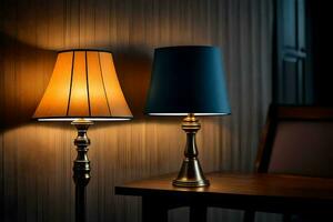 two lamps on a table in front of a wall. AI-Generated photo