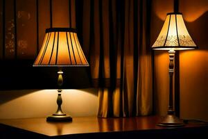 two lamps on a table in front of a window. AI-Generated photo