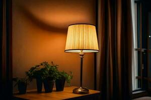 a lamp is on a table in front of a window. AI-Generated photo