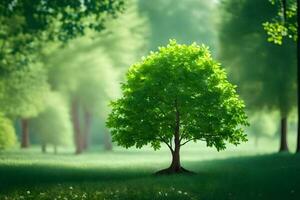 a tree is standing in the middle of a green field. AI-Generated photo