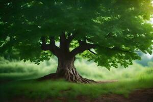 un árbol es en pie en el medio de un campo. generado por ai foto