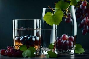 grapes and wine in glasses on a dark background. AI-Generated photo