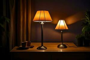 two lamps on a table in front of a window. AI-Generated photo