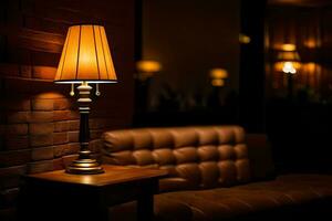 a lamp is sitting on a table in front of a couch. AI-Generated photo