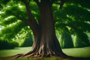 a large tree with green leaves in the middle of a field. AI-Generated photo