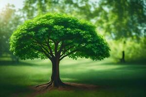 a tree with green leaves on a grassy field. AI-Generated photo