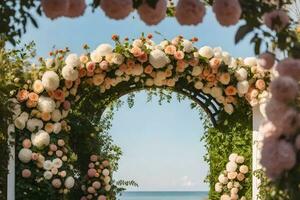 an archway with flowers on it. AI-Generated photo
