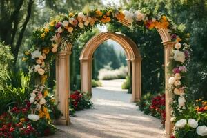 an archway with flowers and greenery. AI-Generated photo