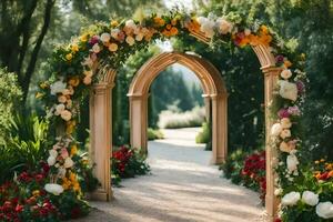 un arco con flores y verdor. generado por ai foto