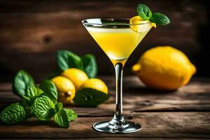 a cocktail with lemon and mint on a wooden table. AI-Generated photo
