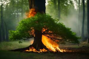 un árbol es ardiente en el medio de un bosque. generado por ai foto