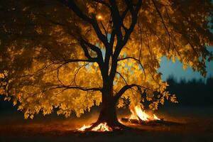 a tree with fire in the middle of it. AI-Generated photo