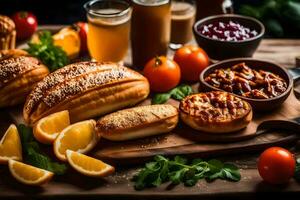 foods on a wooden table with bread, oranges and other foods. AI-Generated photo