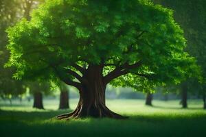 un árbol en el medio de un verde campo. generado por ai foto