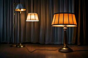two lamps are on a table in front of a curtain. AI-Generated photo