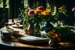 a table with flowers and plates on it. AI-Generated photo