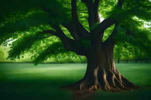 un árbol en un campo con césped y arboles generado por ai foto