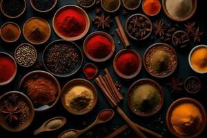 various spices and herbs in bowls on a black background. AI-Generated photo