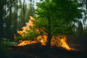 a tree is burning in the forest. AI-Generated photo