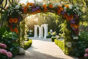 an archway with flowers and greenery. AI-Generated photo