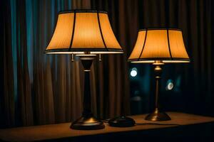 two lamps on a table in front of a curtain. AI-Generated photo