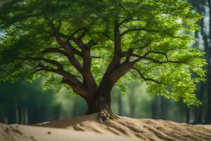 a tree is standing in the middle of a sand dune. AI-Generated photo