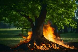 a tree with flames coming out of it in the middle of the forest. AI-Generated photo
